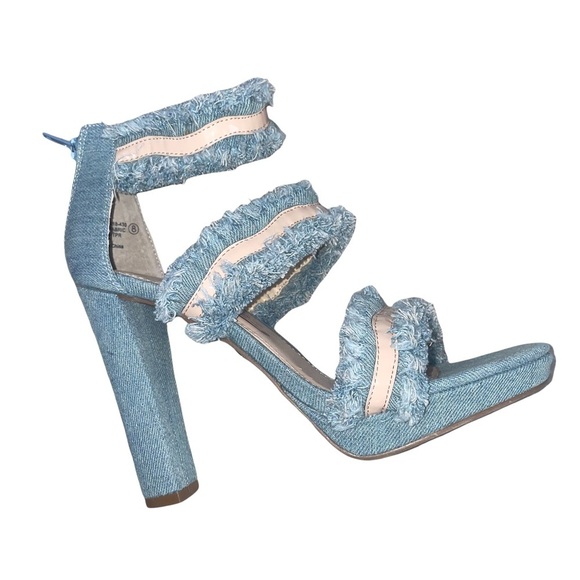 - Laura Marano Not Rated Platform Heels Blue Jean Fringe 5 inch Open Toe SZ 8 - Picture 1 of 11